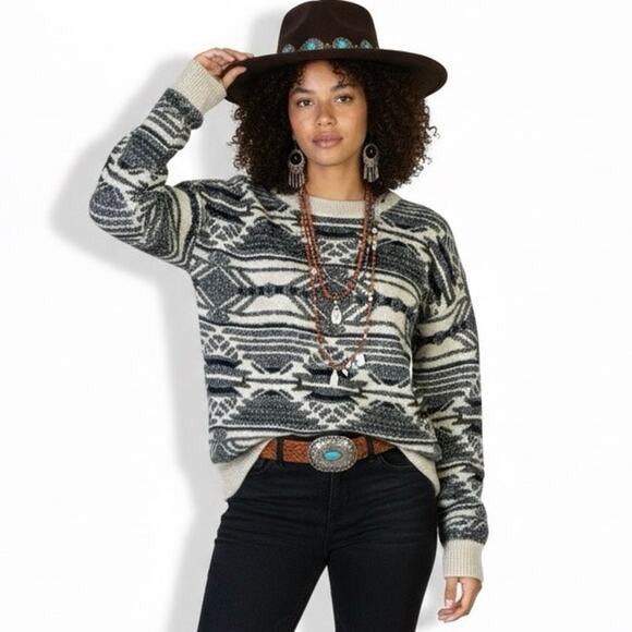 Lucky Brand Geometric Oversized Aztec Sweater Womens M Cream Black Western Cozy - Picture 1 of 7